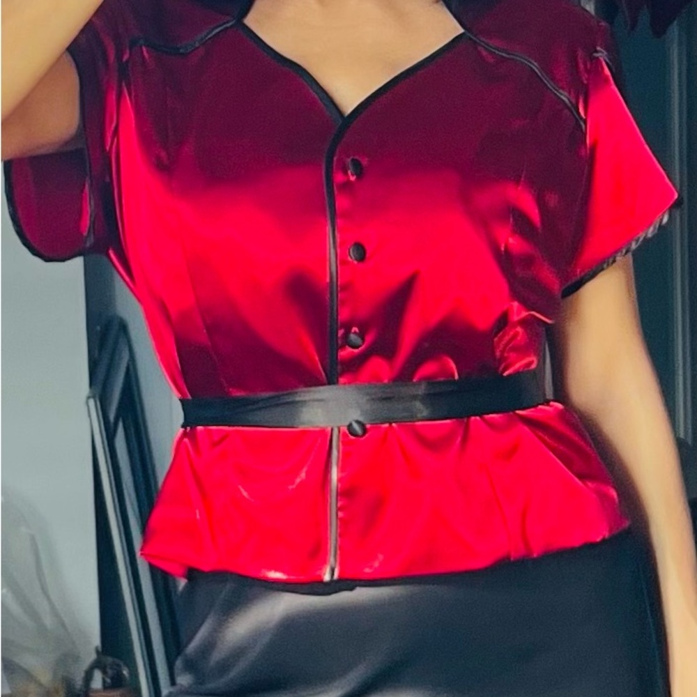 NY Collection Sultry Red Satin Button Down Shirt with Black Trim